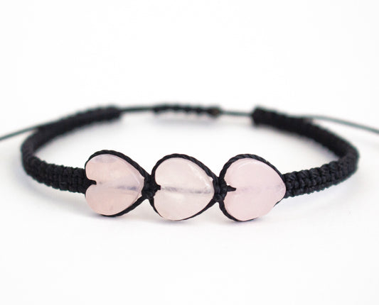 Natural 3 Heart Rose Quartz Adjustable Braided Bracelet - Meg’s Gems