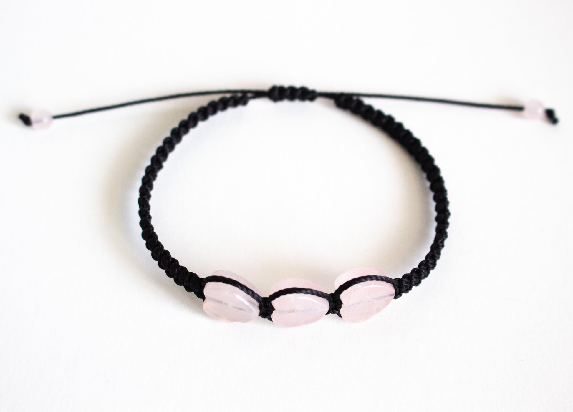 Natural 3 Heart Rose Quartz Adjustable Braided Bracelet - Meg’s Gems